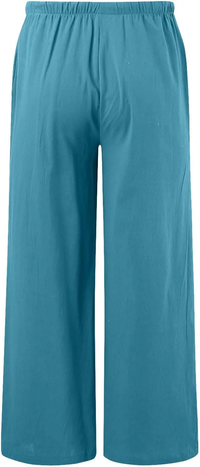 Womens Yoga Pants High Waisted Pants Drawstring Elastic Waist Straight Leg Loose Fit Trousers with Pockets
