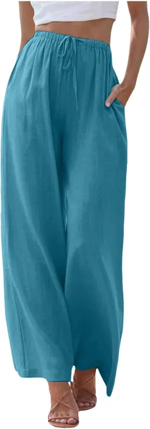 Womens Yoga Pants High Waisted Pants Drawstring Elastic Waist Straight Leg Loose Fit Trousers with Pockets