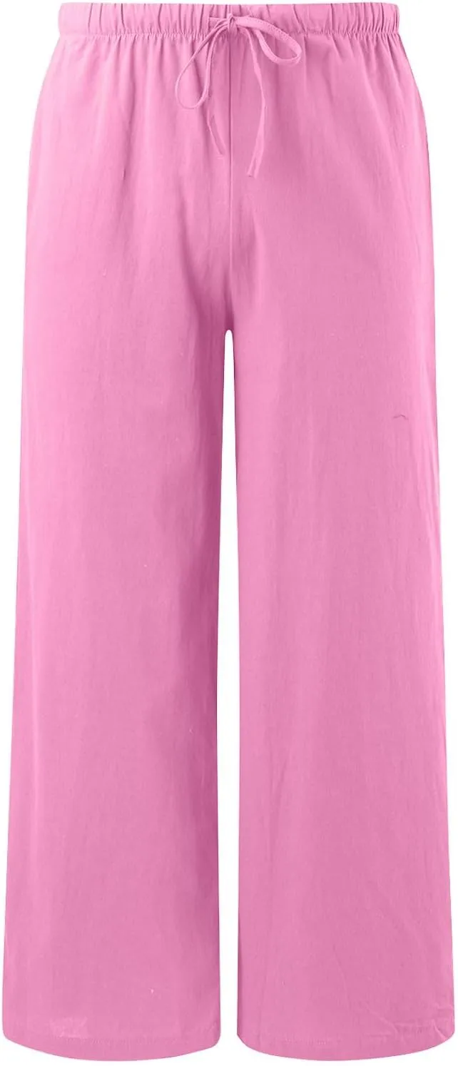Womens Yoga Pants High Waisted Pants Drawstring Elastic Waist Straight Leg Loose Fit Trousers with Pockets