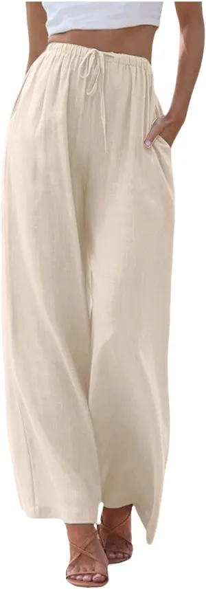 Womens Yoga Pants High Waisted Pants Drawstring Elastic Waist Straight Leg Loose Fit Trousers with Pockets