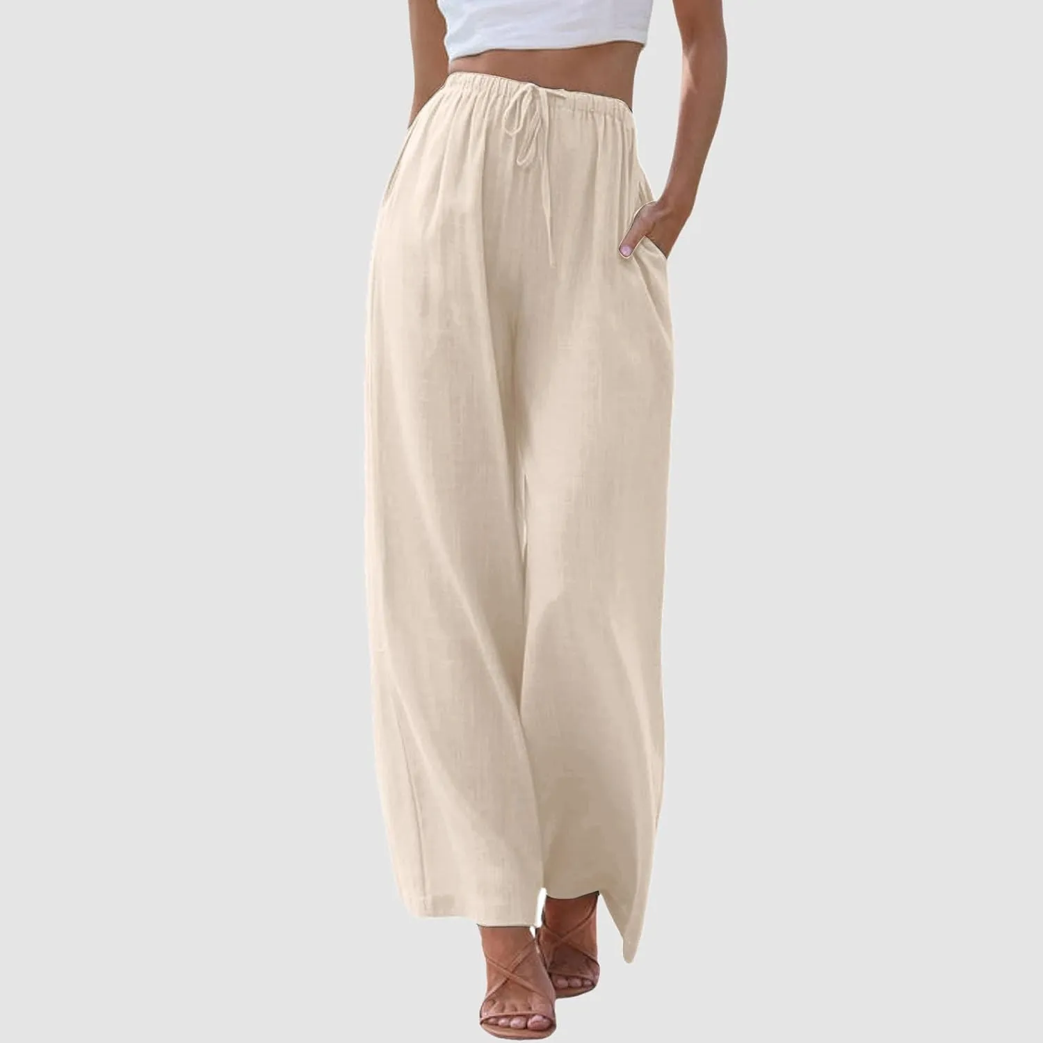 Womens Yoga Pants High Waisted Pants Drawstring Elastic Waist Straight Leg Loose Fit Trousers with Pockets