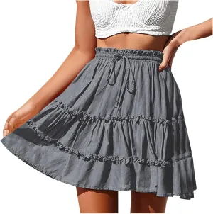 XUNRYAN Skirts for Women Trendy Summer Boho A-Line Pleated Skirt Casual Elastic High Waist Tiered Ruffle Flowy Mini Skirt