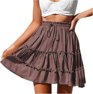 XUNRYAN Skirts for Women Trendy Summer Boho A-Line Pleated Skirt Casual Elastic High Waist Tiered Ruffle Flowy Mini Skirt