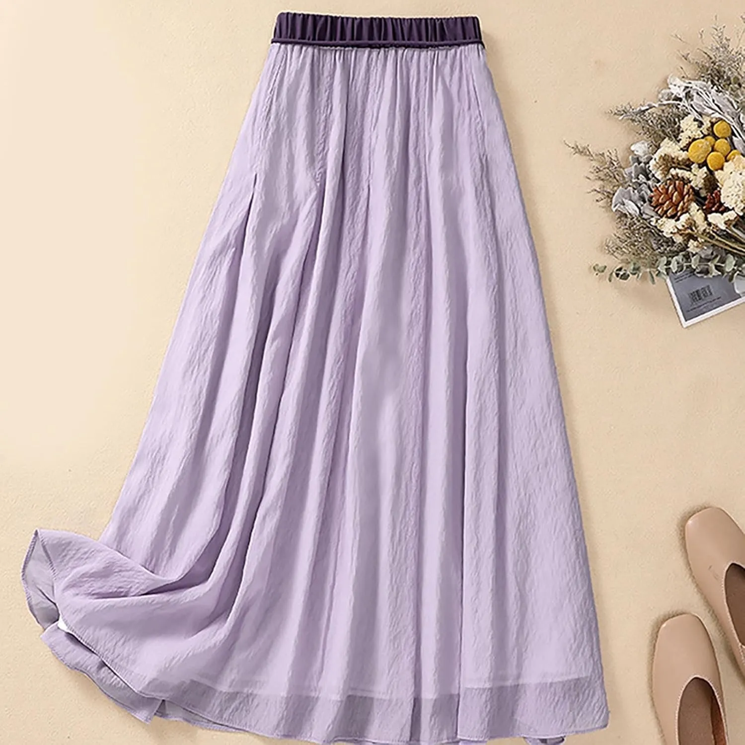 XUNRYAN Women's Cotton Linen Skirts Elastic High Waist Long Flowy Bohemian Casual Maxi Skirt for Summer Beach Holiday Outfit