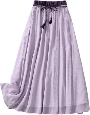 XUNRYAN Women's Cotton Linen Skirts Elastic High Waist Long Flowy Bohemian Casual Maxi Skirt for Summer Beach Holiday Outfit
