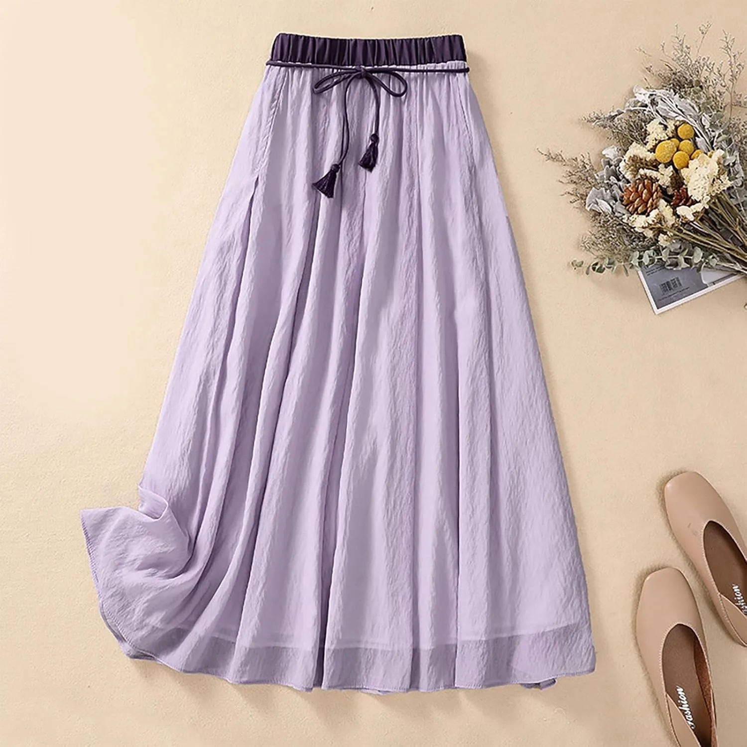 XUNRYAN Women's Cotton Linen Skirts Elastic High Waist Long Flowy Bohemian Casual Maxi Skirt for Summer Beach Holiday Outfit
