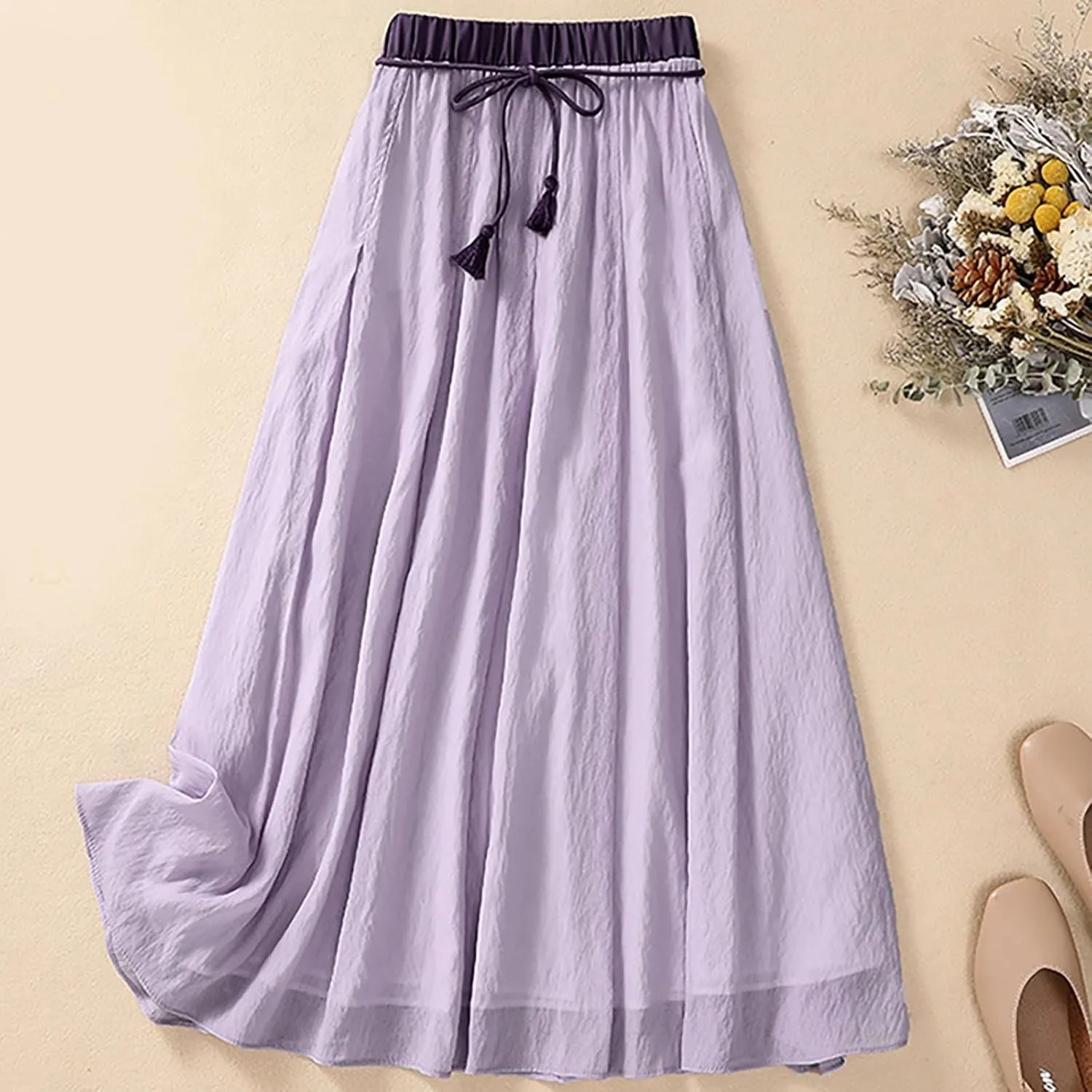 XUNRYAN Women's Cotton Linen Skirts Elastic High Waist Long Flowy Bohemian Casual Maxi Skirt for Summer Beach Holiday Outfit