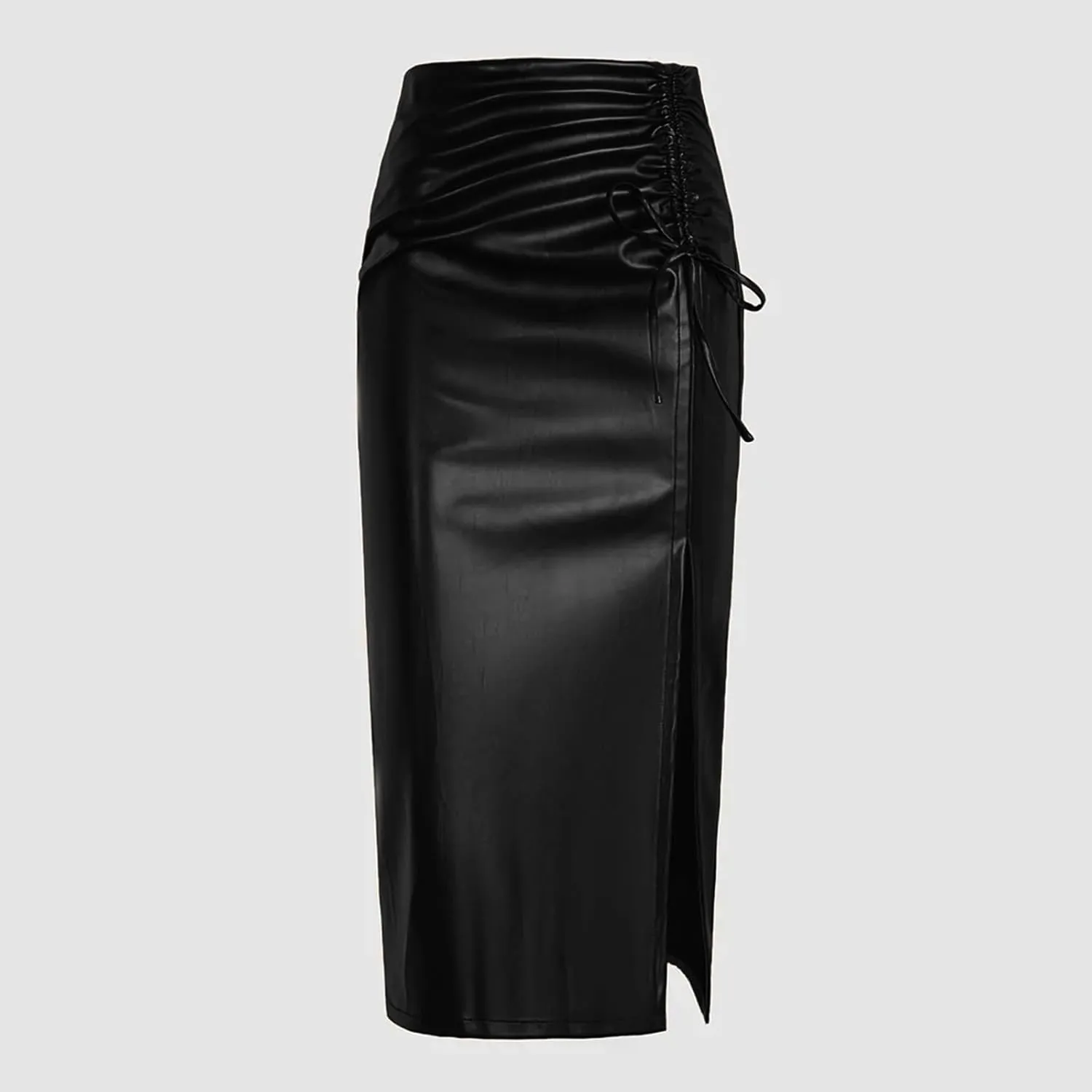 XUNRYAN Women's Faux-Leather Skirts High Waisted Asymmetrical Side Slit Ruched Bow Work Going Out Bodycon Pencil Midi Skirt