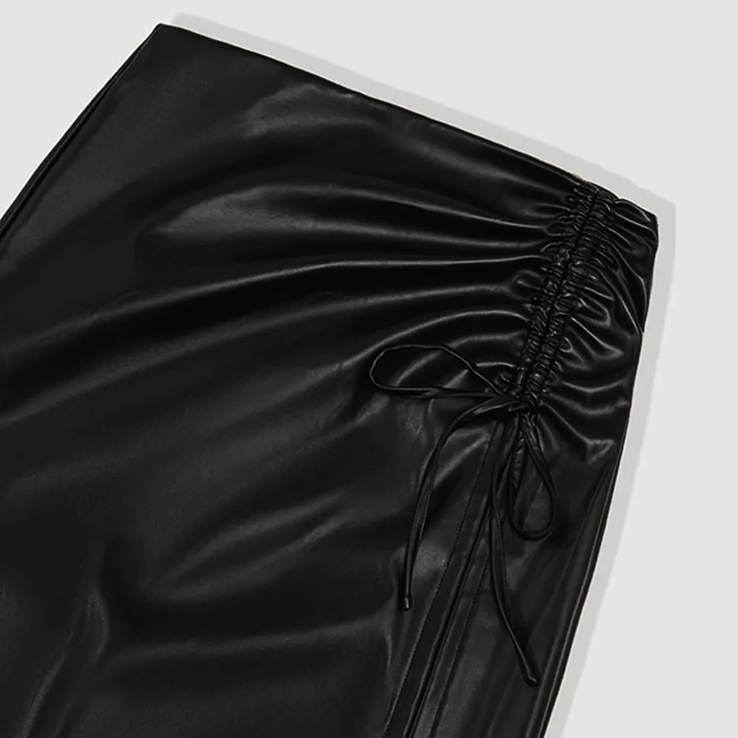 XUNRYAN Women's Faux-Leather Skirts High Waisted Asymmetrical Side Slit Ruched Bow Work Going Out Bodycon Pencil Midi Skirt