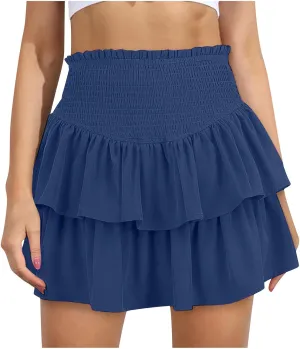 XUNRYAN Womens Summer Boho Skirts Trendy Tiered Ruffle Smocked High Waist Mini Skirt Casual Beach Holiday Vacation Outfit