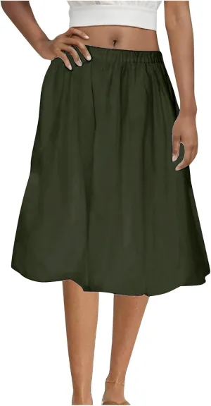 XUNRYAN Womens Summer Midi Skirts Casual Boho Solid Beach Elastic High Waist Pleated A-Line Flowy Swing Long Skirt Vacation