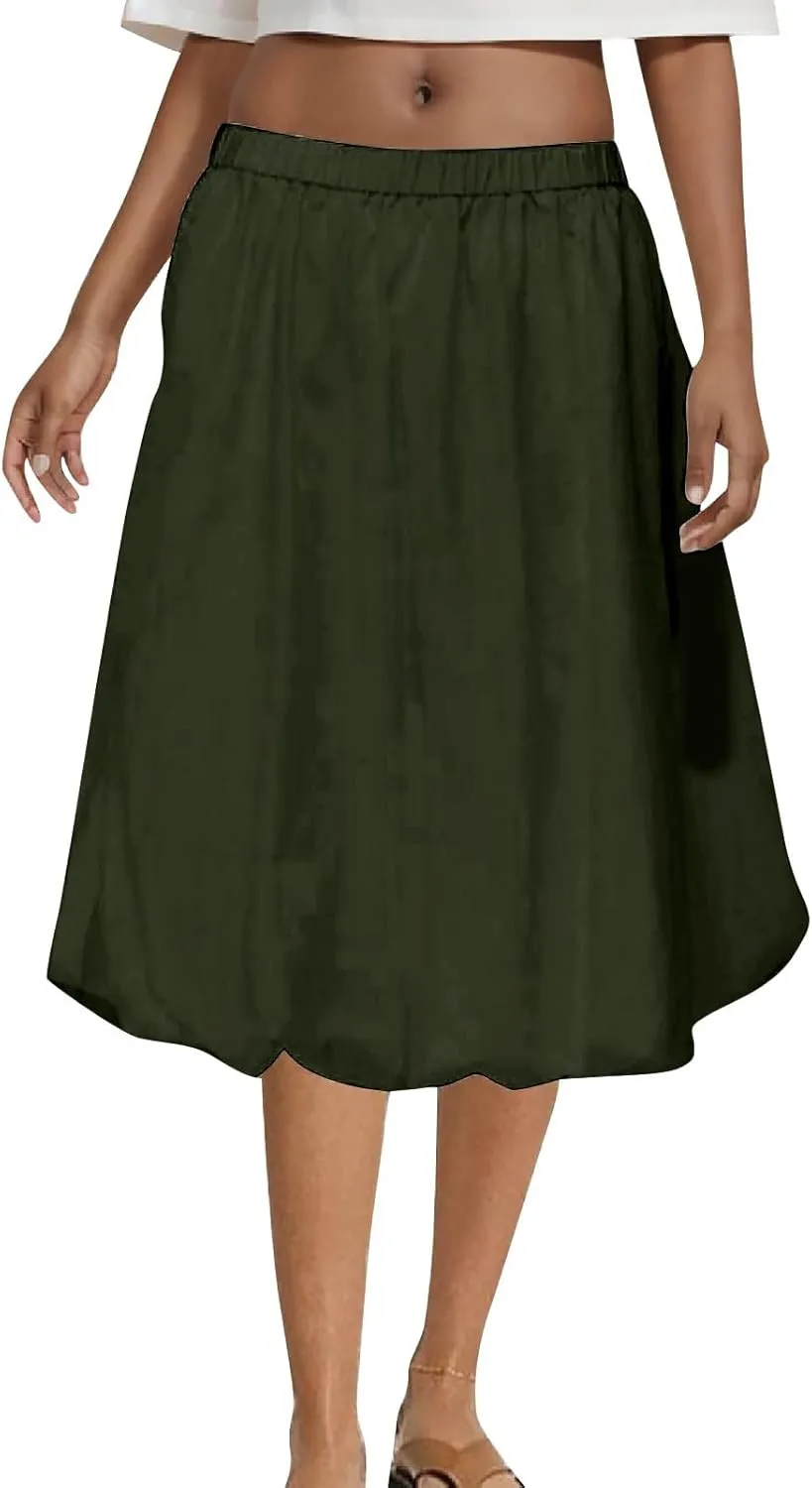 XUNRYAN Womens Summer Midi Skirts Casual Boho Solid Beach Elastic High Waist Pleated A-Line Flowy Swing Long Skirt Vacation
