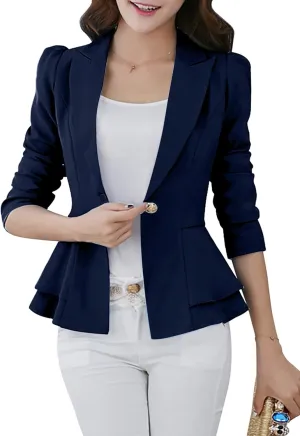 YMING Women's Button Down Slim Blazer Solid Color Office Cardigan Long Sleeve Ruffle Hem Jacket Plus Size