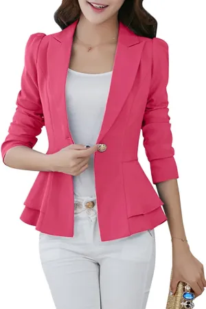 YMING Women's Button Down Slim Blazer Solid Color Office Cardigan Long Sleeve Ruffle Hem Jacket Plus Size