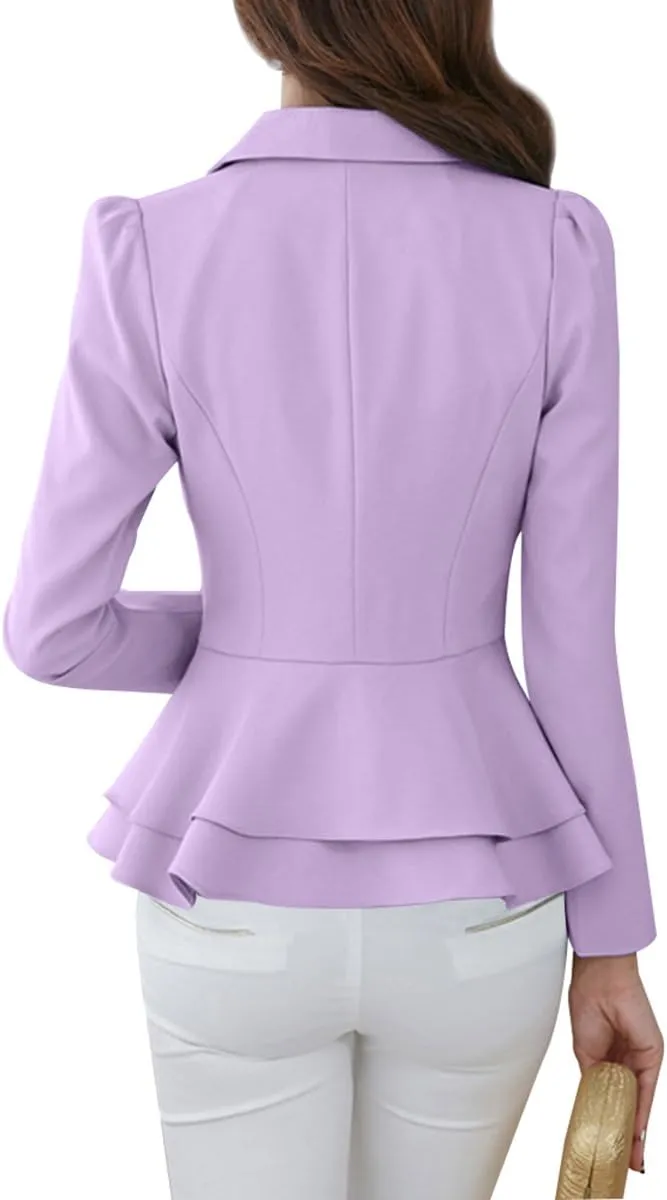 YMING Women's Button Down Slim Blazer Solid Color Office Cardigan Long Sleeve Ruffle Hem Jacket Plus Size
