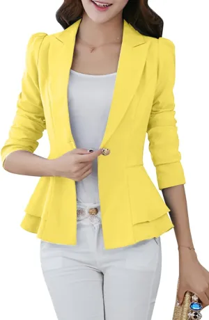 YMING Women's Button Down Slim Blazer Solid Color Office Cardigan Long Sleeve Ruffle Hem Jacket Plus Size