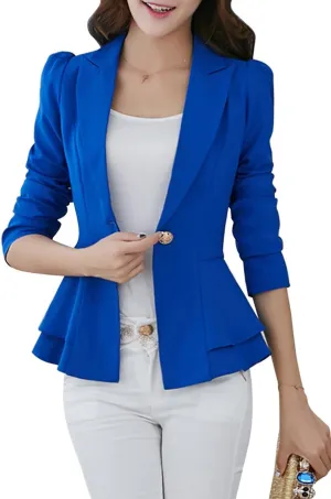 YMING Women's Button Down Slim Blazer Solid Color Office Cardigan Long Sleeve Ruffle Hem Jacket Plus Size