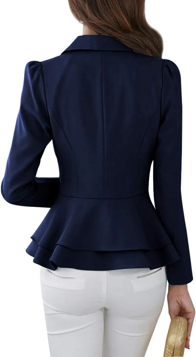YMING Women's Button Down Slim Blazer Solid Color Office Cardigan Long Sleeve Ruffle Hem Jacket Plus Size