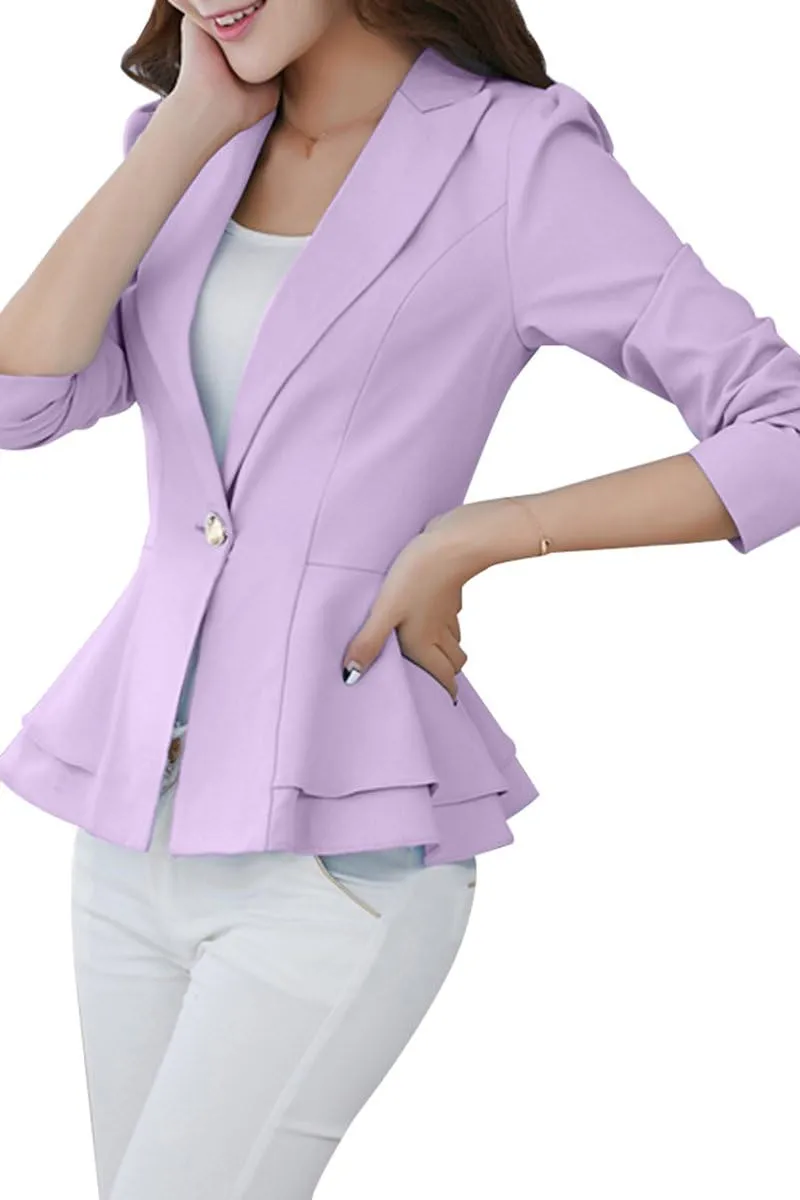 YMING Women's Button Down Slim Blazer Solid Color Office Cardigan Long Sleeve Ruffle Hem Jacket Plus Size