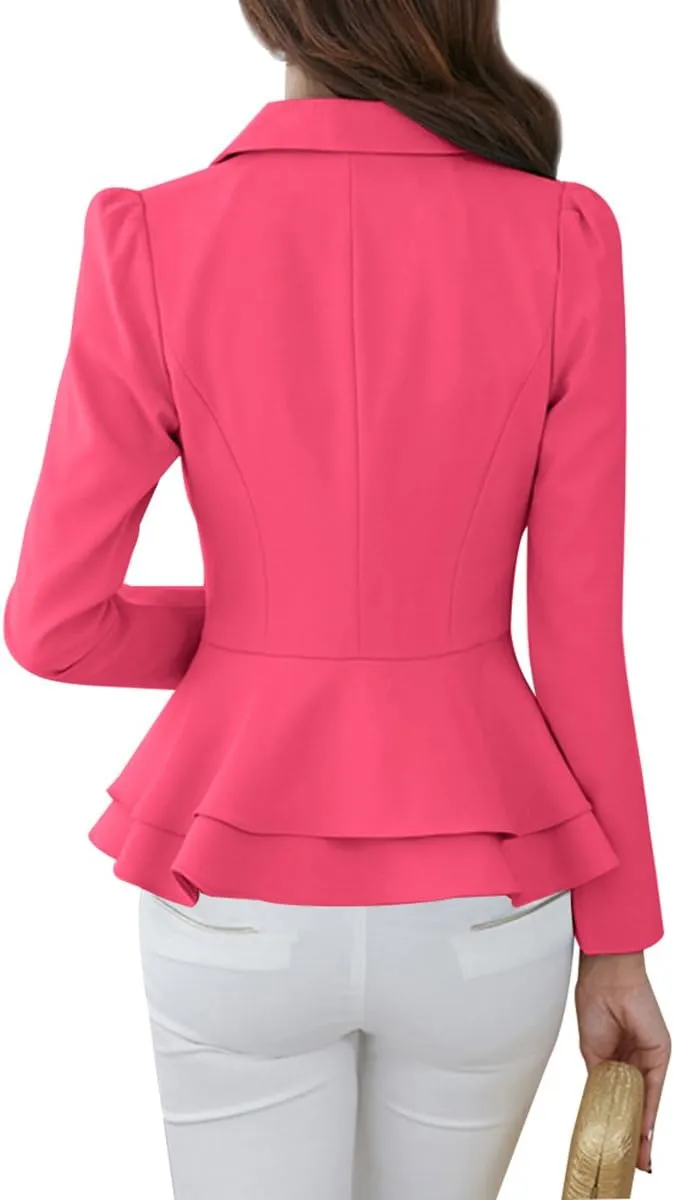 YMING Women's Button Down Slim Blazer Solid Color Office Cardigan Long Sleeve Ruffle Hem Jacket Plus Size