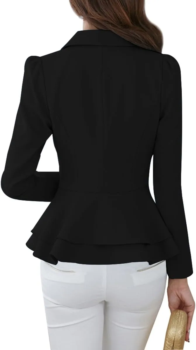 YMING Women's Button Down Slim Blazer Solid Color Office Cardigan Long Sleeve Ruffle Hem Jacket Plus Size