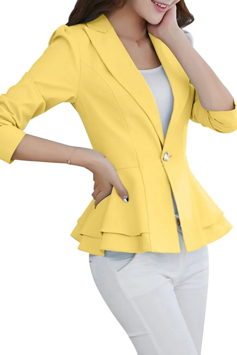 YMING Women's Button Down Slim Blazer Solid Color Office Cardigan Long Sleeve Ruffle Hem Jacket Plus Size