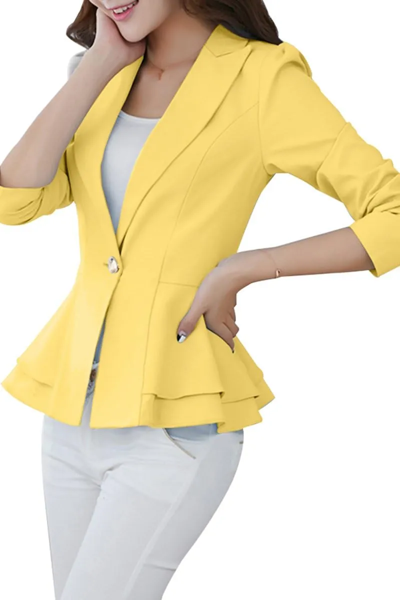 YMING Women's Button Down Slim Blazer Solid Color Office Cardigan Long Sleeve Ruffle Hem Jacket Plus Size