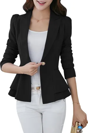 YMING Women's Button Down Slim Blazer Solid Color Office Cardigan Long Sleeve Ruffle Hem Jacket Plus Size