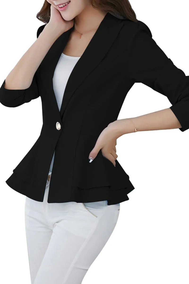 YMING Women's Button Down Slim Blazer Solid Color Office Cardigan Long Sleeve Ruffle Hem Jacket Plus Size