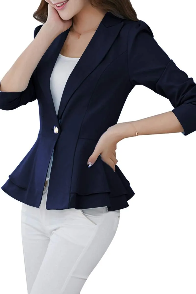 YMING Women's Button Down Slim Blazer Solid Color Office Cardigan Long Sleeve Ruffle Hem Jacket Plus Size