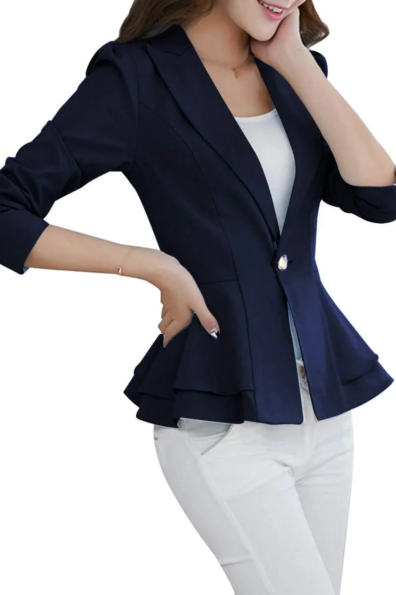 YMING Women's Button Down Slim Blazer Solid Color Office Cardigan Long Sleeve Ruffle Hem Jacket Plus Size