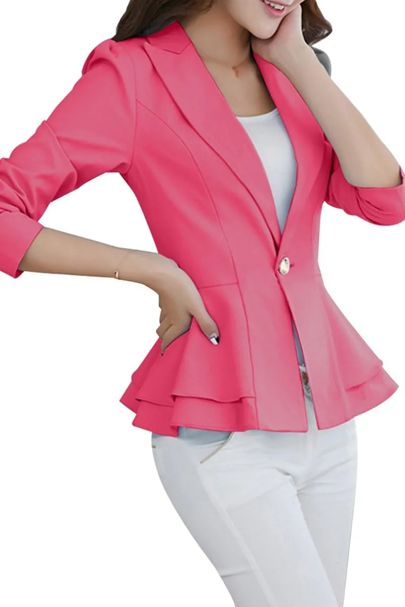 YMING Women's Button Down Slim Blazer Solid Color Office Cardigan Long Sleeve Ruffle Hem Jacket Plus Size