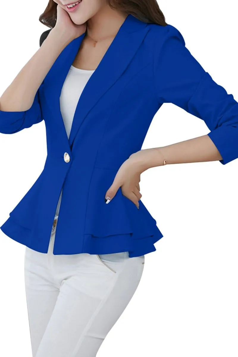 YMING Women's Button Down Slim Blazer Solid Color Office Cardigan Long Sleeve Ruffle Hem Jacket Plus Size