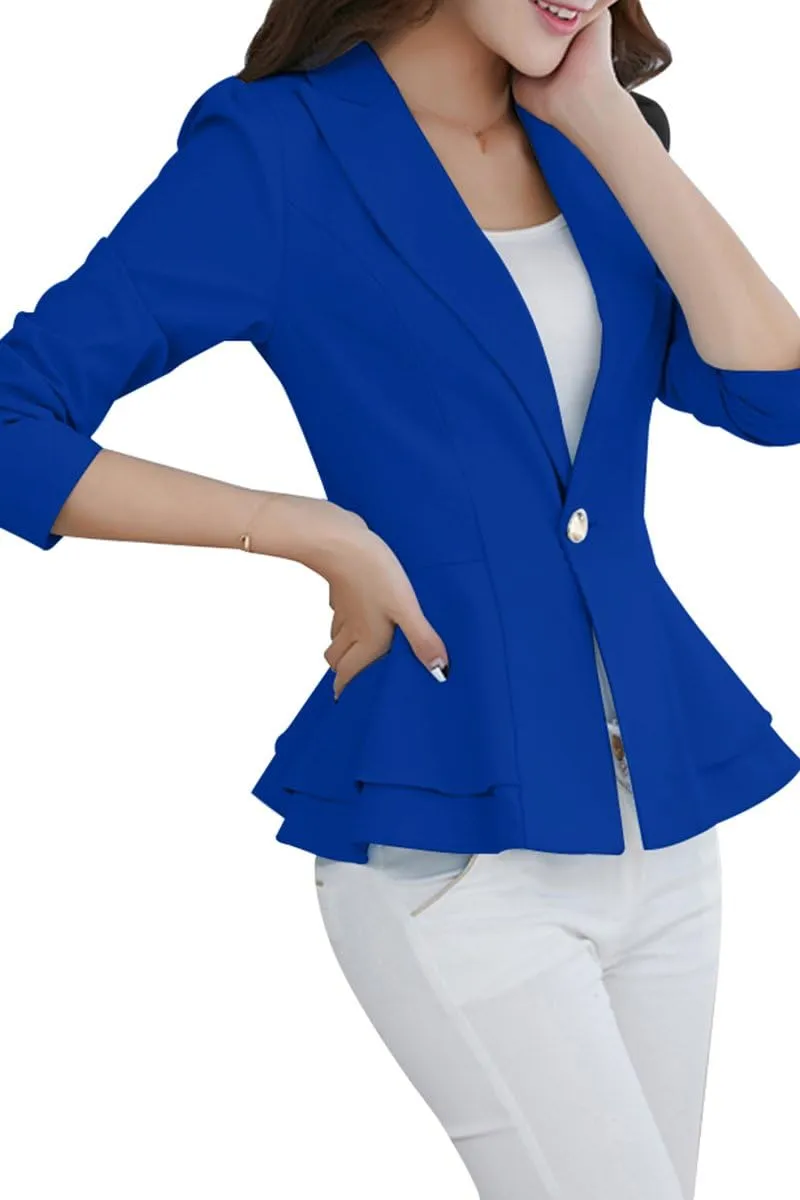 YMING Women's Button Down Slim Blazer Solid Color Office Cardigan Long Sleeve Ruffle Hem Jacket Plus Size