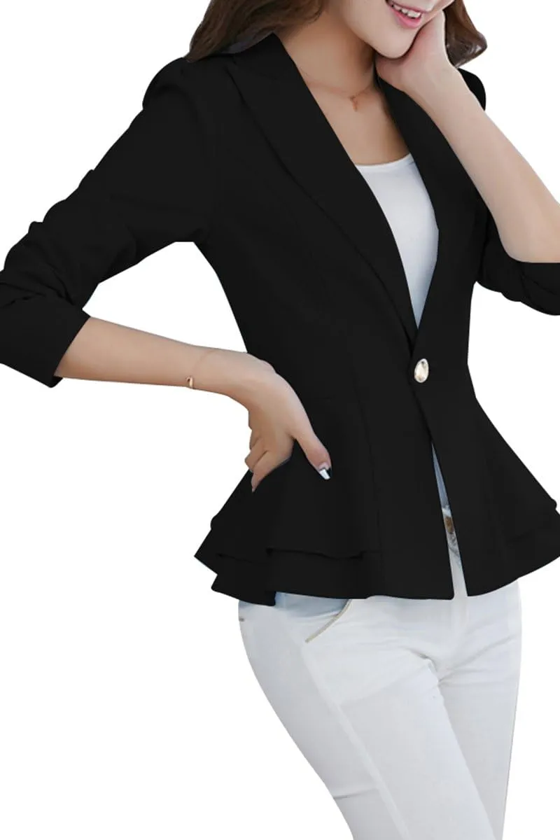 YMING Women's Button Down Slim Blazer Solid Color Office Cardigan Long Sleeve Ruffle Hem Jacket Plus Size