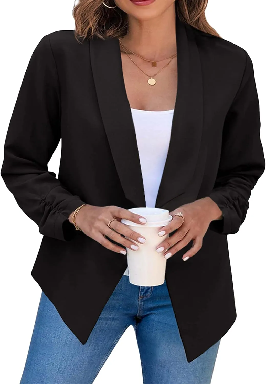 YMING Womens Open Front Work Blazer Business Long Sleeve Jackets Solid Color Office Short Cardigans
