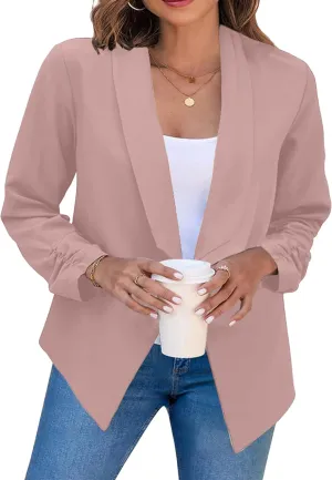 YMING Womens Open Front Work Blazer Business Long Sleeve Jackets Solid Color Office Short Cardigans