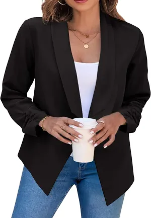 YMING Womens Open Front Work Blazer Business Long Sleeve Jackets Solid Color Office Short Cardigans