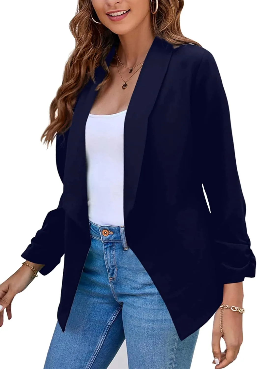 YMING Womens Open Front Work Blazer Business Long Sleeve Jackets Solid Color Office Short Cardigans