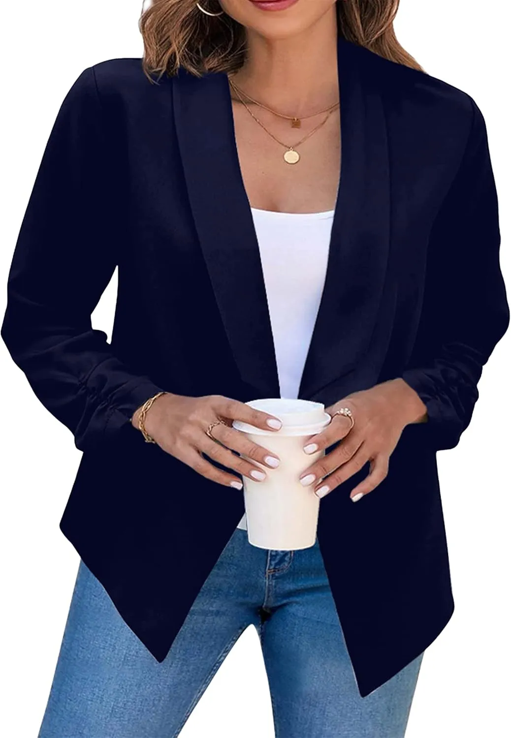 YMING Womens Open Front Work Blazer Business Long Sleeve Jackets Solid Color Office Short Cardigans