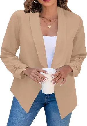 YMING Womens Open Front Work Blazer Business Long Sleeve Jackets Solid Color Office Short Cardigans
