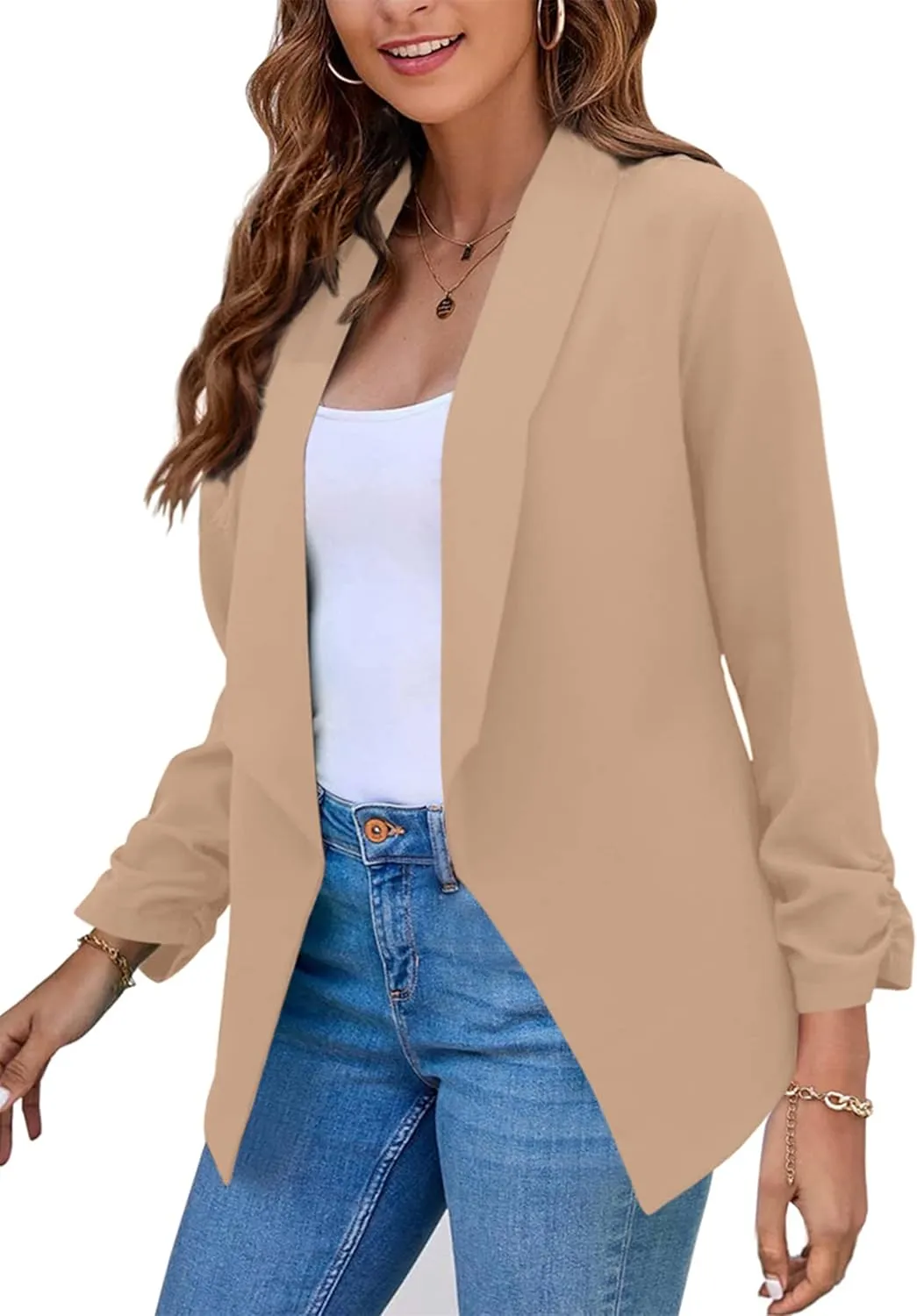 YMING Womens Open Front Work Blazer Business Long Sleeve Jackets Solid Color Office Short Cardigans