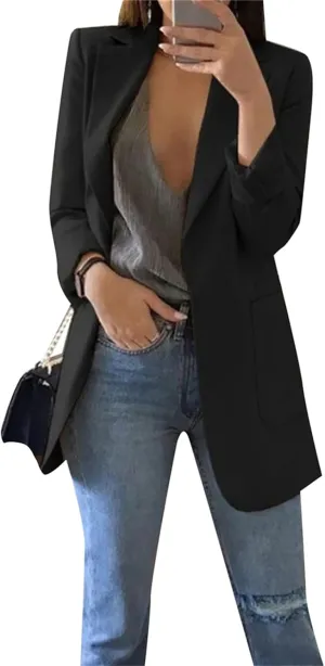 YMING Womens Solid Color Open Front Blazer Long Sleeve Office Jacket Work Cardigan with Pockets Plus Size