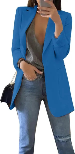 YMING Womens Solid Color Open Front Blazer Long Sleeve Office Jacket Work Cardigan with Pockets Plus Size