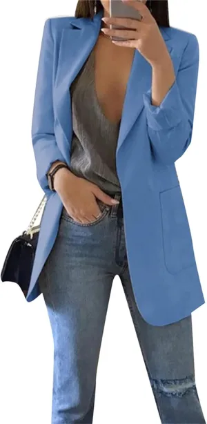 YMING Womens Solid Color Open Front Blazer Long Sleeve Office Jacket Work Cardigan with Pockets Plus Size