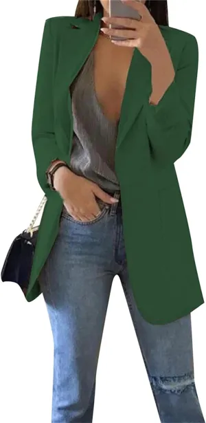 YMING Womens Solid Color Open Front Blazer Long Sleeve Office Jacket Work Cardigan with Pockets Plus Size