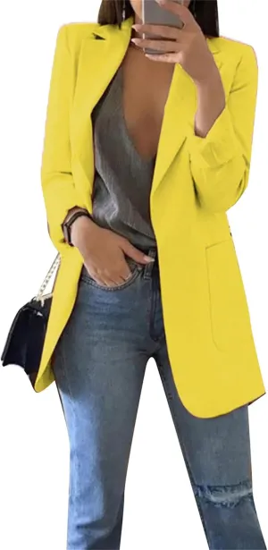 YMING Womens Solid Color Open Front Blazer Long Sleeve Office Jacket Work Cardigan with Pockets Plus Size
