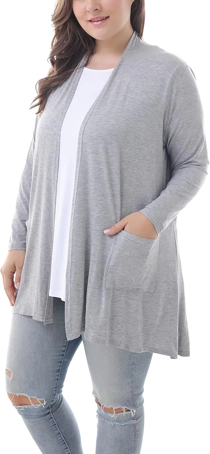 ZERDOCEAN Women's Plus Size Long Sleeve Lightweight Soft Printed Drape Cardigan with Pockets