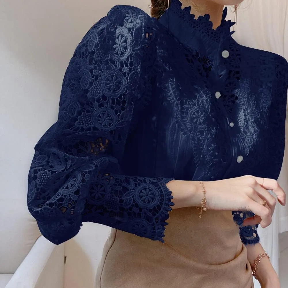 ZOCAVIA Women's Vintage Victorian Blouses Elegant Lace Crochet Tops Dressy Casual Mock Neck Puff Long Sleeve Button Up Shirts
