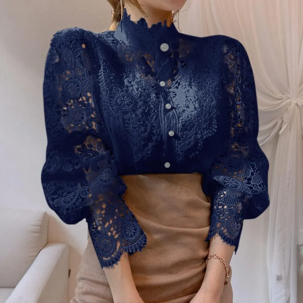 ZOCAVIA Women's Vintage Victorian Blouses Elegant Lace Crochet Tops Dressy Casual Mock Neck Puff Long Sleeve Button Up Shirts